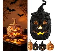 Générique Citrouille d'halloween Tressée en Jonc De Mer, Lanterne Rustique en Osier Noir avec Couvercle en Forme De Chapeau De Sorcière, Panier À Bonbons « Trick Or Treat » Et Lanterne LED (D)
