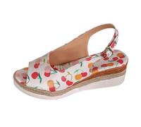 Générique Claquettes Femme Sandales d'été en cuir souple imprimé cerise pour femmes,boucle,talon incliné,fond épais,grande taille,bouche de poisson(Yellow,40)