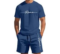 Générique Classification Produit Men's Suits - Ensemble Décontracté Estival T-Shirt Manches Courtes et Short Imprimé Dégradé Col Rond Léger et Confortable (Dark Blue, XL)