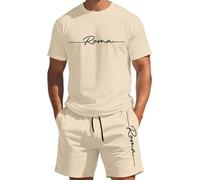 Générique Classification Produit Men's Suits - Ensemble Décontracté Estival T-Shirt Manches Courtes et Short Imprimé Dégradé Col Rond Léger et Confortable (Beige, XXS)