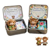 Générique Coffret Cadeau « Câlin de Poche » - Vache des Highlands - Mini Peluche Vache des Highlands avec boîte en métal et Carte de Message, Cadeau de Soutien émotionnel et Anti-anxiét B)