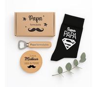 Générique Coffret cadeau Papa Formidable - Idée cadeau Noël - Super Papa - Décapsuleur gravé, dessous de verre bambou, chaussettes humoristiques - Coffret cadeau homme original -