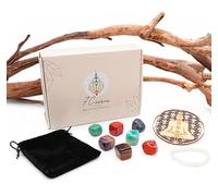 Générique Coffret découverte 7 chakras contenant un Bracelet Cristal de Roche 6mm, 7 Pierres Roulées, Plaque de Rechargement en Bois, Pochette Feutrine
