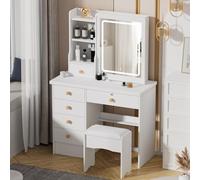 Générique Coiffeuse avec Miroir LED Coulissant et Tabouret | Meuble de Maquillage avec 6 Tiroirs et Rangement Caché | Table de Maquillage Blanche pour Chambre Fille ou Adulte