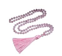 Générique Collier 108 Perles Mala Nouées pour Femmes et Filles,Bracelet En Quartz Rose Naturel,Long Collier Avec Pompon,Prière,Méditation Spirituelle,Bijoux Cadeaux,6 Mm