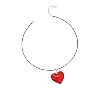 Générique Collier à breloques en forme de cœur rouge, avec brins de cuir, chaîne de clavicule, accessoires élégants pour de saint-valentin, pendentif en forme de cœur en verre