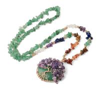 Générique Collier Avec Pendentif Arbre de Vie pour Homme Et Femme|Breloque Ronde en Cristal Naturel Avec Chaîne À 7 Chakras, Amulette en Perles de Pierres Précieuses Et Aventurine