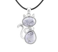 Générique Collier Avec Pendentif en Pierre Naturelle en Forme de Chat, Pendentif en Pierre Précieuse Véritable Avec Chaîne en Cuir, Collier de Perles pour Femmes Et Hommes, Turquoise Blanche
