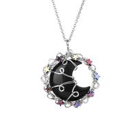 Générique Collier Croissant De Lune en Cristal, Pendentif Couronne D'Étoiles Avec Chaîne en Argent, Ras Du Cou À Breloques en Pierres Précieuses Polies pour Femmes Et Hommes en Obsidienne