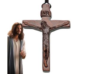 Générique Collier crucifix à breloque vintage - Pendentif en bois, design à texture de grain naturel, chaîne réglable, structure légère minimaliste, polie lisse, style religieux unique ou