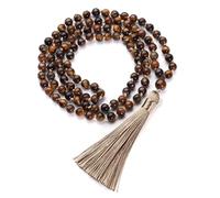 Générique Collier de 108 Perles de Prière Mala pour Femmes Et Hommes|Collier Pull en Cristal Œil de Tigre de 6 Mm Avec Pompon,Bracelet Amulette,Bijoux Cadeaux Œil de Tigre