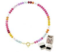 Générique Collier de perles colorées pour femme de 6 mm en cristal naturel arc-en-ciel multicolore avec fermoir doré réglable, coffret cadeau avec boîte et pochette