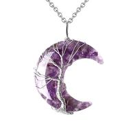 Générique Collier En Pierre De Cristal Naturel, Pendentif En Cristal De Lune Enveloppé De Fil D'Argent Avec Chaîne Réglable, Bijoux Cadeaux De Fête Des Mères Pour Maman Femmes Améthyste