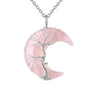Générique Collier En Pierre De Cristal Naturel, Pendentif En Cristal De Lune Enveloppé De Fil D'Argent Avec Chaîne Réglable, Bijoux Cadeaux De Fête Des Mères Pour Maman Femmes Quartz Rose
