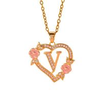 Générique Collier monogrammes floraux uniques, chaîne en laiton avec détail de cœur découpé, bijoux initiaux, romantique, bijoux d ' amour ajourés