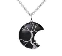 Générique Collier Pendentif Arbre De Vie Enroulé De Fil Reiki Croissant De Lune Énergie Cristal Bijoux Spirituels Fait Main Pierres Précieuses Naturelles Pour Femmes Noir-Obsidienne Chaîne En Argent