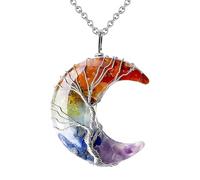 Générique Collier Pendentif Arbre De Vie Enroulé En Fil De Fer Reiki Pendentif Croissant De Lune Énergie Cristal Spirituel Bijoux Fait Main Naturel Gravier Pierre Précieuse Collier Pour Femme C