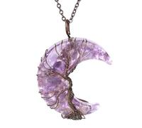 Générique Collier Pendentif Arbre De Vie Enroulé En Fil De Fer Reiki Pendentif Croissant De Lune Énergie Cristal Spirituel Bijoux Fait Main Naturel Gravier Pierre Précieuse Collier Pour Femme A