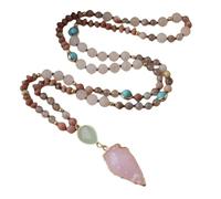 Générique Collier Pendentif Bohème Long En Perles De Pierre Naturelle, Idéal Pour Le Yoga Et La Méditation. Collier De Prière Mala Noué À La Main, Orné De Pierres Multicolores Et De Quartz Rose.