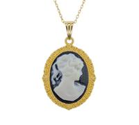 Générique Collier Pendentif Camée Femme Plaqué OR 750 (18 Carats) Style Vintage - Profil Classique en Résine Blanc/Noir - Chaîne 42cm Ras-du-cou Hypoallergénique