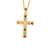 Générique Collier Pendentif Croix Pour Femme, Délicat Et Coloré, Orné De Zirconiums Cubiques, Plaqué Or 18 Carats. Bijou Religieux, Symbole De Foi, Pour Épouse, Fille Ou Amie. Couleur E.
