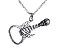 Générique Collier pendentif de guitare squelette rétro, ouvre-bouteilles vintage argenté style hip-hop, collier chaîne pour hommes
