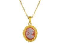 Générique Collier Pendentif Mini Camée Ovale Vénitien Femme Plaqué Or 18K - Résine Orange Corail & Blanche - Bijou Vintage Élégant - Chaîne 42cm Ras-du-cou Hypoallergénique