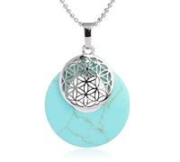 Générique Collier Pendentif Rond en Cristal Naturel, Breloque Mandala Creuse avec Chaîne De Perles en Argent, Ras Du Cou en Pierres Précieuses Polies pour Femmes Et Hommes Turquoise