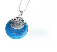 Générique Collier Pendentif Rond en Cristal Naturel, Breloque Mandala Creuse avec Chaîne De Perles en Argent, Ras Du Cou en Pierres Précieuses Polies pour Femmes Et Hommes, Veines Bleues en Agate
