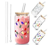 Générique Color Changing Christmas Cup, Reusable Glass Tumbler with Straw & Lid, Iced Coffee Cup for Cold Drinks, Festive Xmas Party Decoration Gift (600ml)