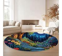 Générique Coloré Tapis de Chambre 180 cm Rond, Rond Tapis Lavable à Poils Courts et Doux à Motif - Rêve Forêt Étoiles avec Dos Antidérapant pour Salon de séjour Chambre Cuisine Salle à Manger