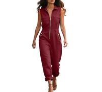 Générique Combinaison Cargo Femme Été Fluide Combinaison Pantalon Col Revers Fermeture Éclair Sans Manches Avec Poches Taille Haute Droit Combishort Décontracté Couleur Unie Mode De Travail Jumpsuit