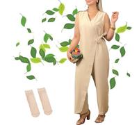 Générique Combinaison décontractée à col en V et Bretelles croisées for Femmes Alltoright, Combinaison d'été sans Manches à Taille Haute et Jambe Large(Beige,XL)