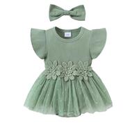 Générique Combinaison d'été pour Nouveau-né Fille avec Manches et Florale Jupe en Ourlet côtelé vêtement bébé léger et Confortable (Green, 3-6 Months)