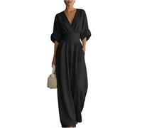 Générique Combinaison Femme Chic Ete Pantalon Large Taille Haute Col V Elegant Ensemble Fluide Pour Travail Et Soirees Avec Poches Pratiques Et Manches Rabatues