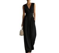 Générique Combinaison Femme Chic Ete Pantalon Large Taille Haute Col V Elegant Ensemble Fluide Pour Travail Et Soirees Avec Poches Pratiques Et Manches Rabatues