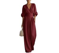 Générique Combinaison Femme Chic Ete Pantalon Large Taille Haute Col V Elegant Ensemble Fluide Pour Travail Et Soirees Avec Poches Pratiques Et Manches Rabatues