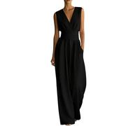 Générique Combinaison Femme Chic pour Soirée Mariage D'Été Manche 3/4 / San Manche Col V Playsuit Couleur Unie Jambe Large Romper Coton et Lin élégante Ete fluide Vêtement Grande Taille