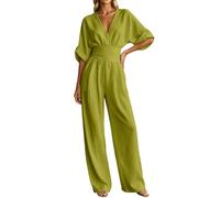 Générique Combinaison Femme D'Été Manche 3/4 Col V Playsuit Couleur Unie Jambe Large Romper, Combinaison Femme Chic pour Soirée Élégant Décontracté Pantalon Loose Casual Combishort avec Poches