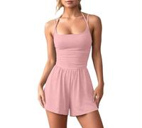 Générique Combinaison Femme Été Élégante Dos Nu Col Licou Sexy Pantalon Large Fluide Taille Haute Chic Sans Manches Jumpsuit pour Mariage Plage Décontracté Mode Barboteuse
