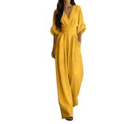 Générique Combinaison Femme Été Manche 3/4 Col V Jambe Large Playsuit Romper Couleur Unie Combishort Femme Chic pour Soirée Mariage Tenue Légère Confortable Élégante Polyvalente Respirante