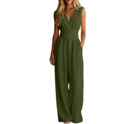 Générique Combinaison Femme Ete Pantalon Large Taillé Haute Col V Elegant Combishort Fluide de Travail Romper Sans Manches Casual Jumpsuit Combinaison Décontractée Unie Loose Playsuit avec Poches