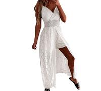 Générique Combinaison Femme Évidée Décolleté Col en V Profond sans Manche Combi-Short avec Jupe Longue Fendue Tricotée en Bretelle Jumpsuit Chic Sexy Grand Taille Voyage (Blanc, XL)