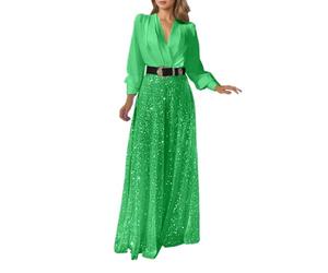 Générique Combinaison Femme Grande Taille - Combinaison élégante à col en V Manches Longues Chemise -cœur Pantalon évasé Jambes Larges Sequins Scintillants Tenue soirée décontractée