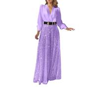 Générique Combinaison Femme Soirée à Sequins Manches Longues et Col V, Combi-Pantalon Évasé Scintillant pour Fête ou Cocktail, Tenue Glamour Style Années 70 pour un Look Festif(Light Purple, XXL)