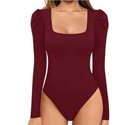 Générique Combinaison Latex Intégrale Femme, Combinaison Femme Cuir Noir, Romper À Manches Bouffantes Et Col Carré Pantalon À Manches Longues Bodysuit Discothèque Dance