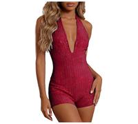 Générique Combinaison Moulante Sexy pour Femme avec Strass, décolleté en V Profond, Dos Nu, sans Manches Short De Nuit (L)