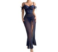 Générique Combinaison sans Manches Érotique Tenue Maille Bodystocking Hot Élastique Chemise Soft Hipster Réglable Ouvert Confortable Culottes String À Chaîne pour Femme (Navy, S)