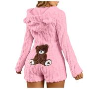 Générique Combinaison Short Pyjama pour Femme en Polaire Douce À Capuche | Manches Longues Motif Ourson Brodé Au Dos, Tenue De Domicile Chaude Et Confortable Pour Les Soirs D’hiver