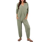Générique Combinaisons Amples décontractées pour Femmes, Manches Longues, col en V, Barboteuse surdimensionnée, Pyjama, Pull (Green, XXL)